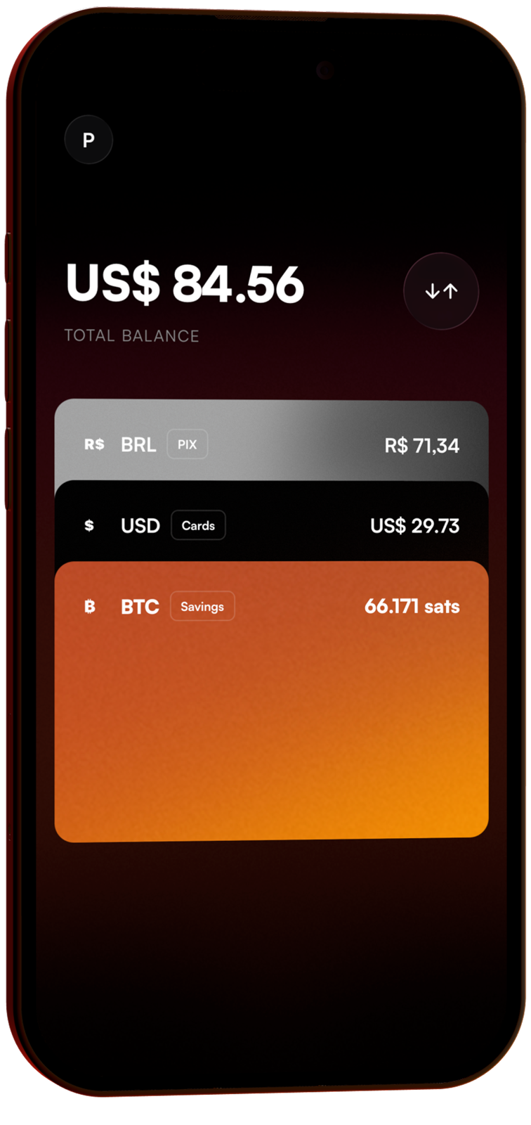 planB home screen showing Bitcoin, USD, and BRL balances